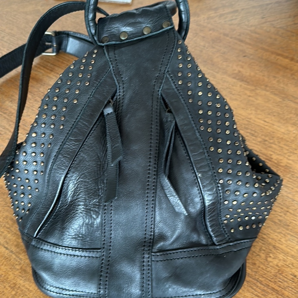 Studded Black Leather Backpack with Gold-Tone Accents - Picture 11 of 12